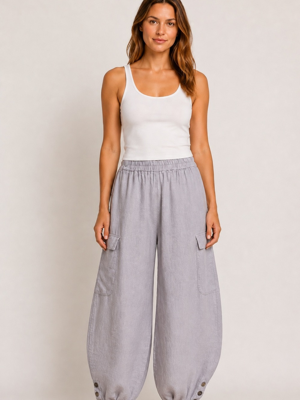 Luukaa Wide Leg Loose Fit Button Pocket 100% Linen Pants Grey Lavender 10